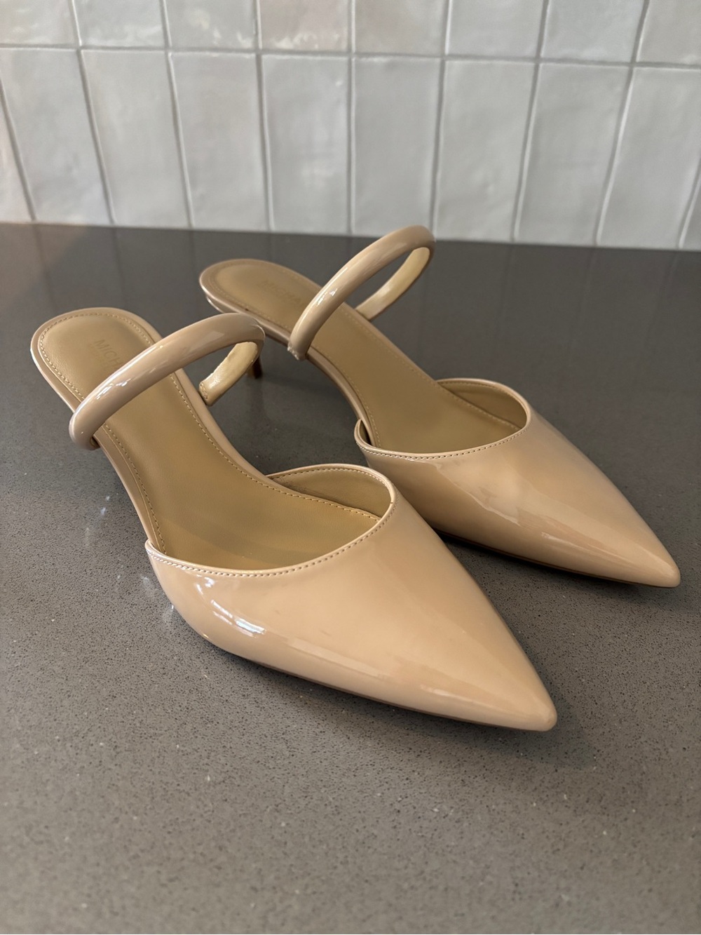 Michael Kors Nude Patent Pointed-Toe Mule with Slim Strap